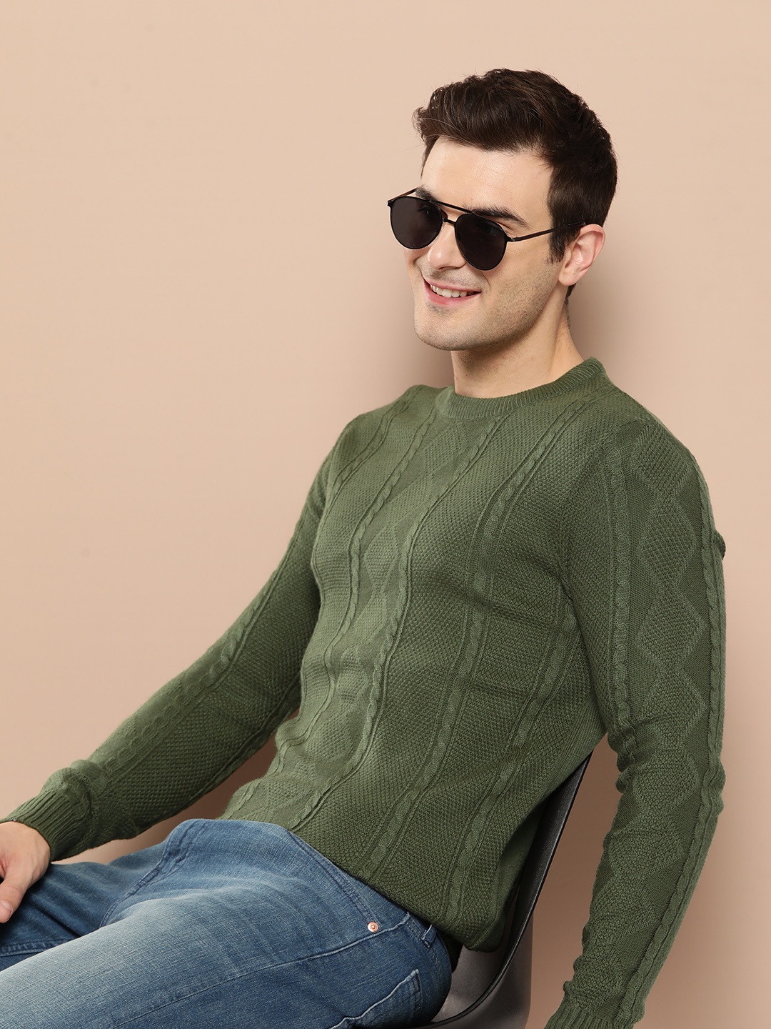 

HERE&NOW Pure Acrylic Cable Knit Pullover, Green