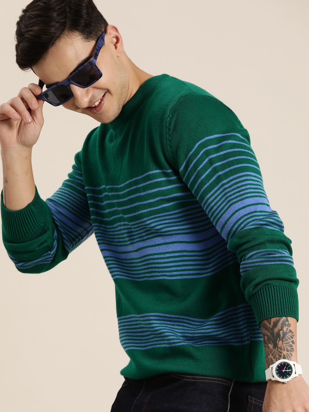 

HERE&NOW Pure Acrylic Striped Pullover, Green