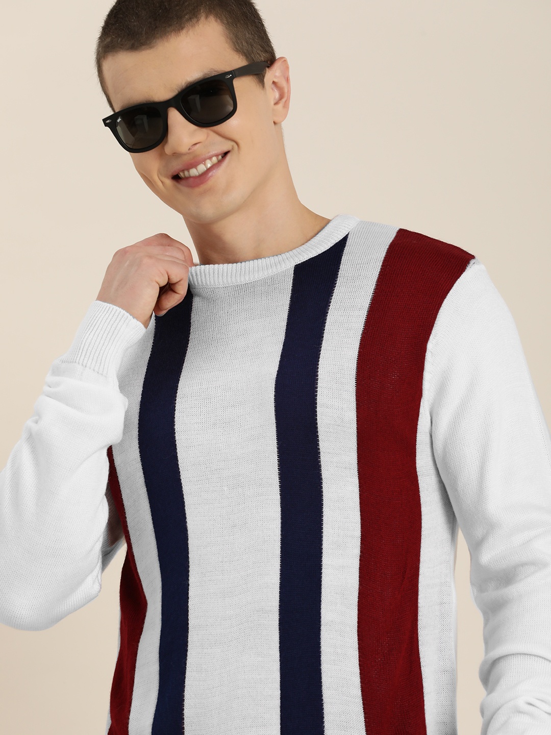 

HERE&NOW Round Neck Long Sleeves Striped Acrylic Pullover, White