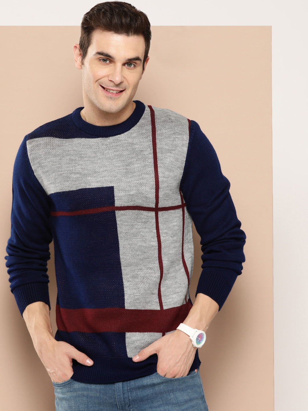 

HERE&NOW Pure Acrylic Colourblocked Pullover, Navy blue