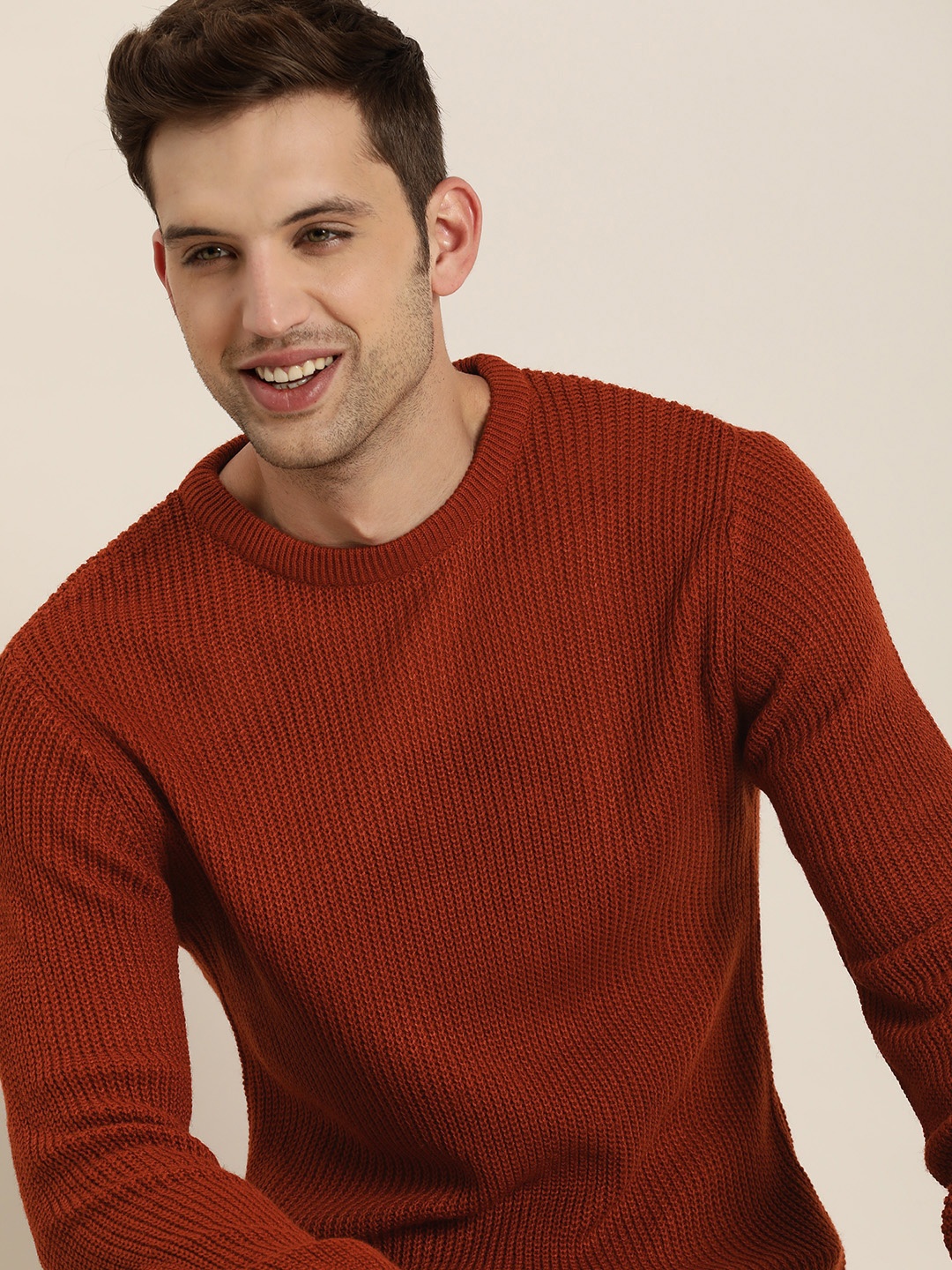 

HERE&NOW Round Neck Long Sleeves Self-Design Acrylic Pullover, Rust