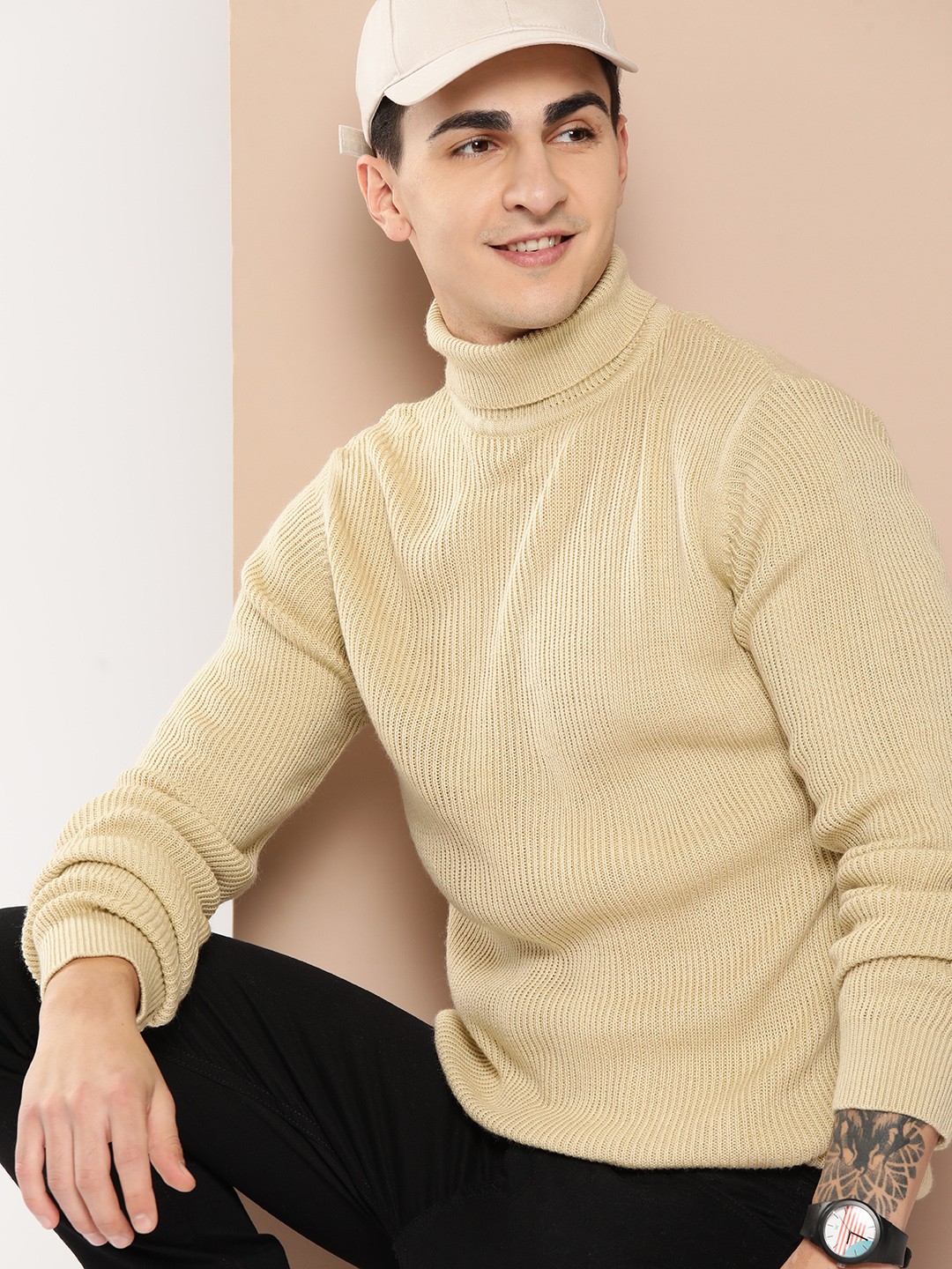 

HERE&NOW Men Turtle Neck Pullover, Beige