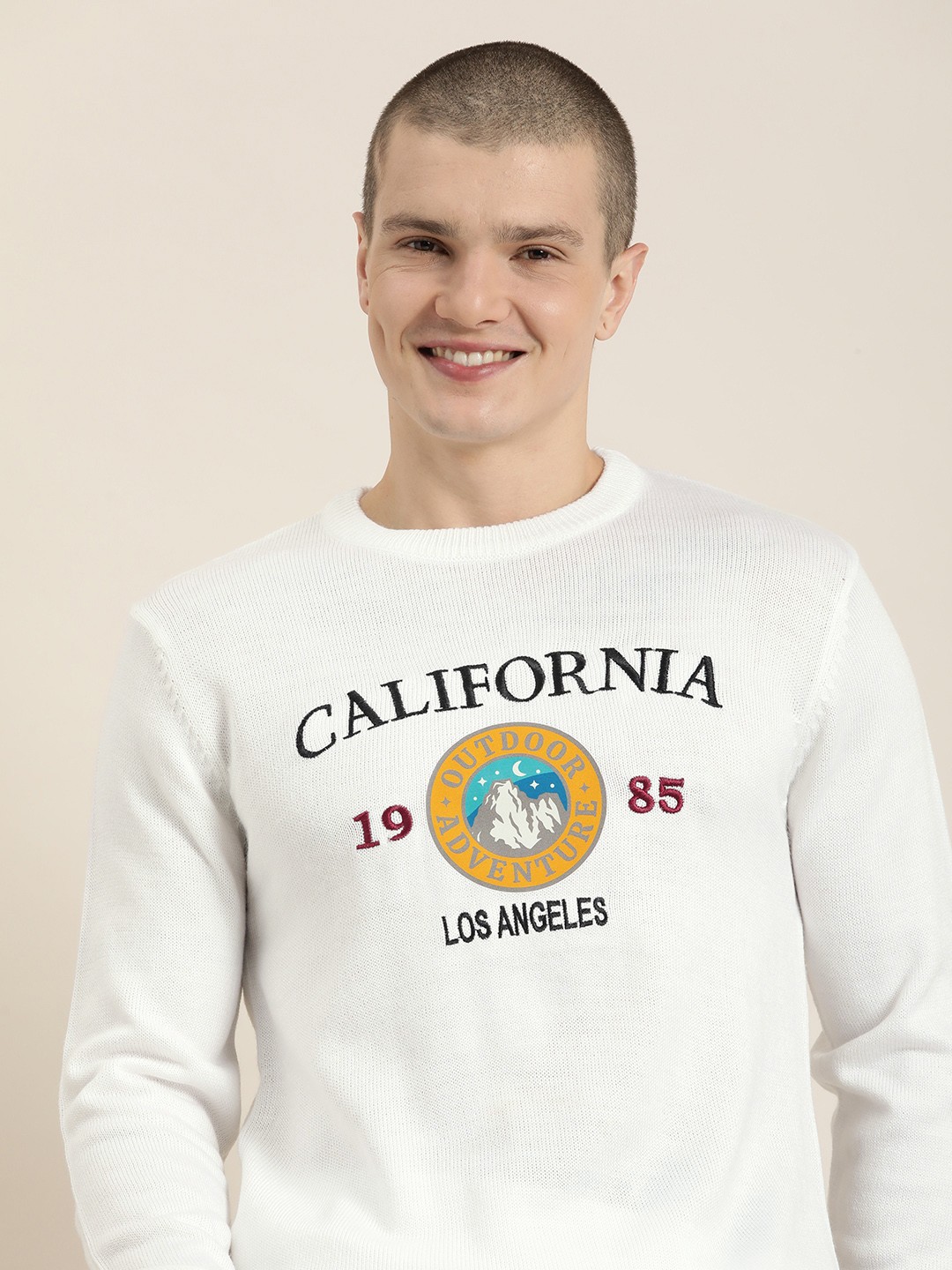 

HERE&NOW Round Neck Long Sleeves Acrylic Pullover With Graphic Embroidered Detail, White