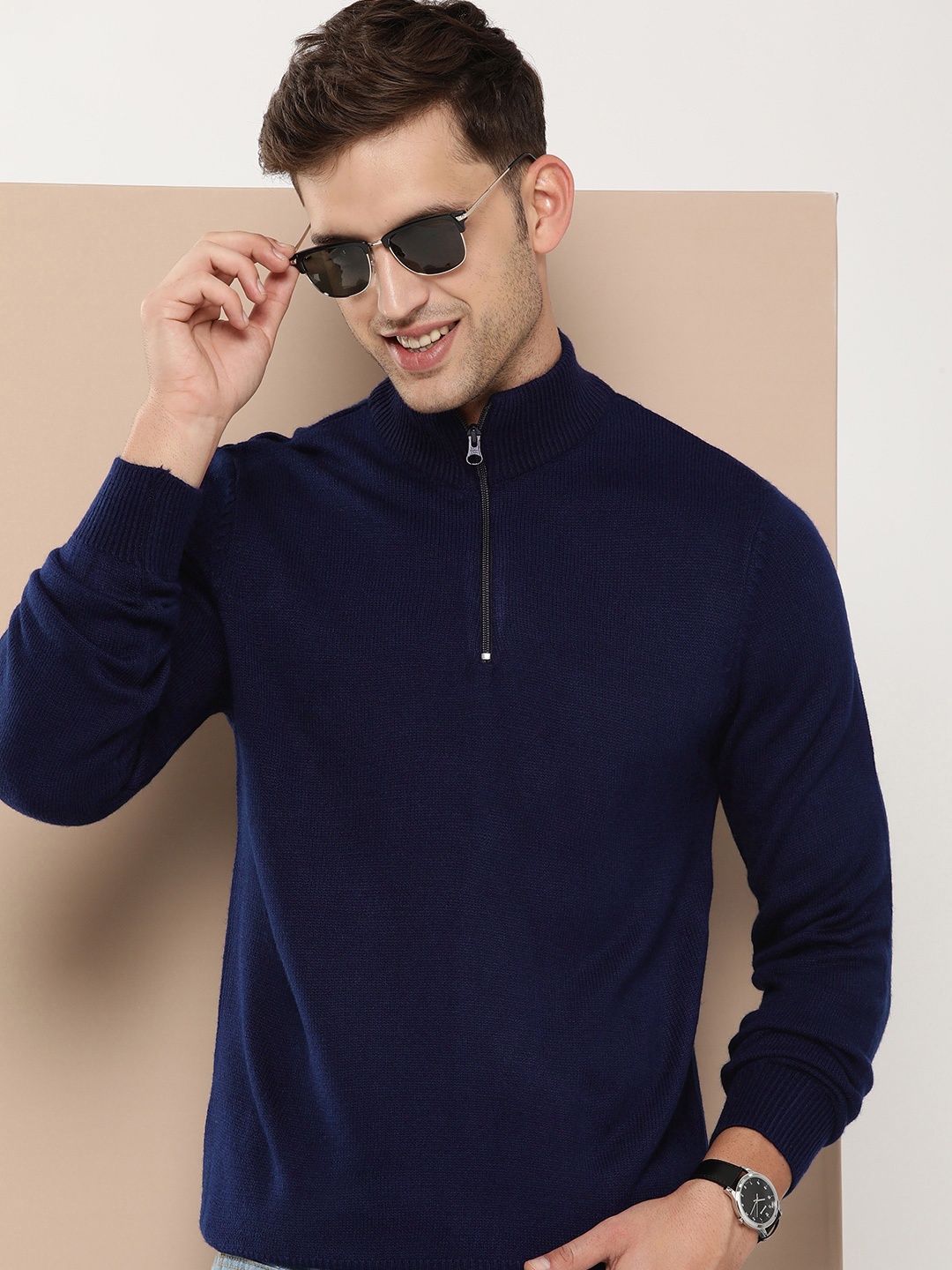 

HERE&NOW Solid Mock-Collar Pullover Sweater, Navy blue