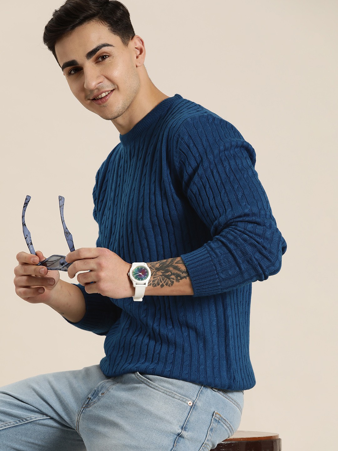 

HERE&NOW Pure Acrylic Cable Knit Pullover, Blue