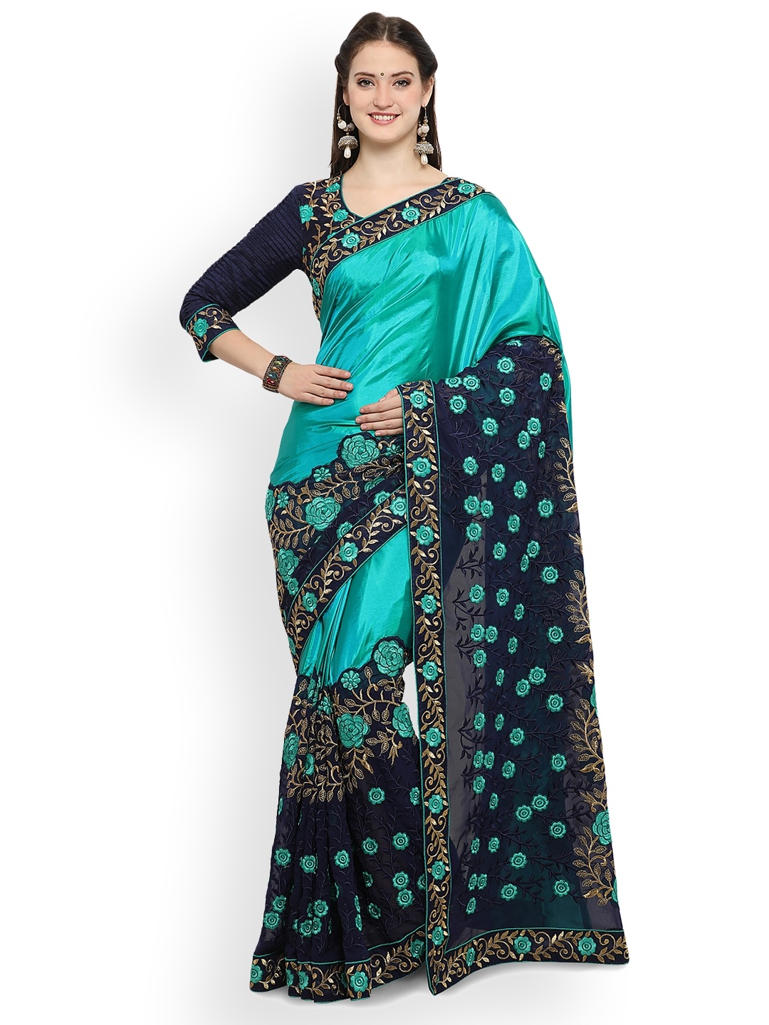 

Online Fayda Green & Navy Blue Silk Blend Embroidered Saree
