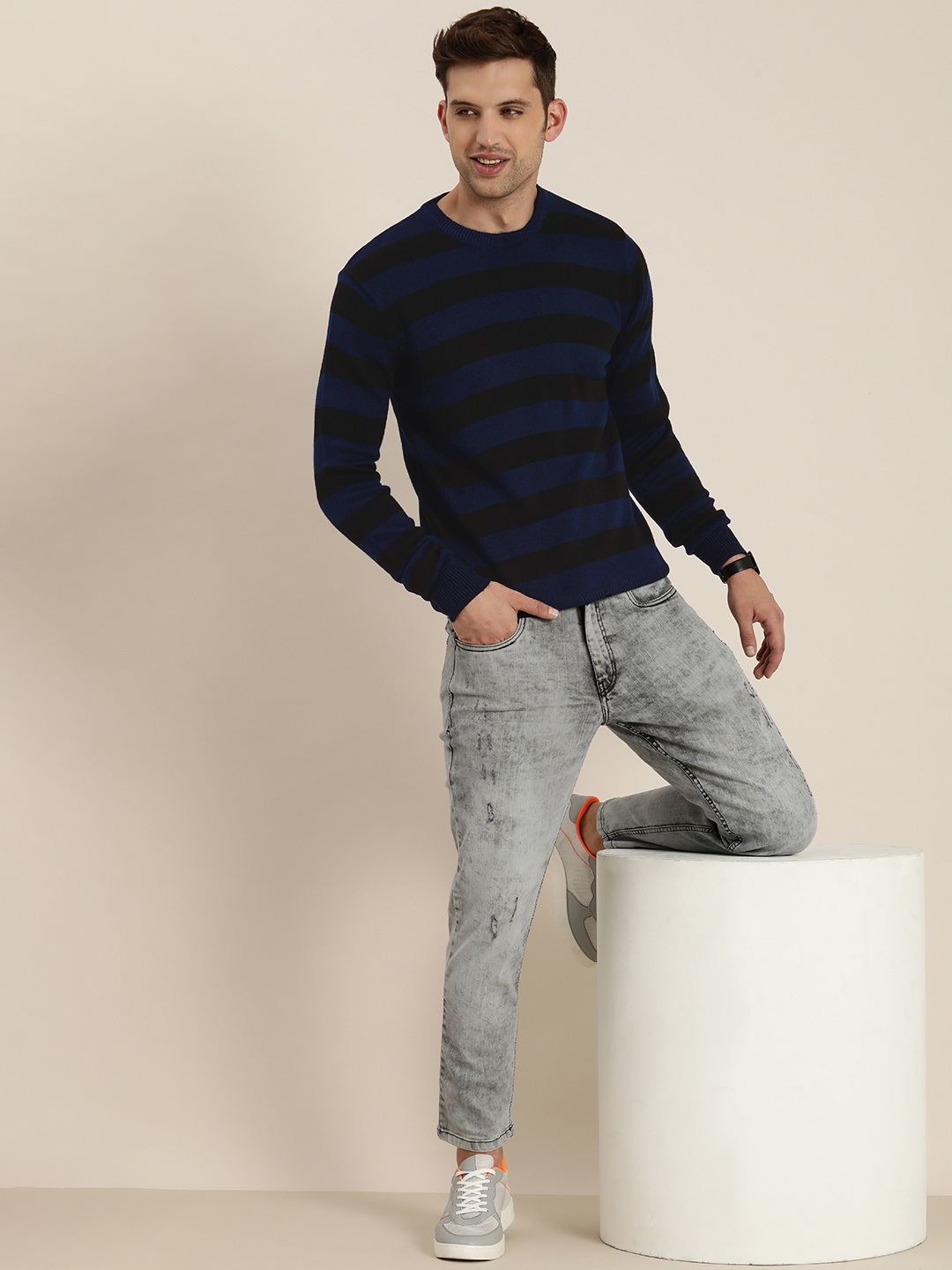 

HERE&NOW Round Neck Long Sleeves Striped Acrylic Pullover, Navy blue