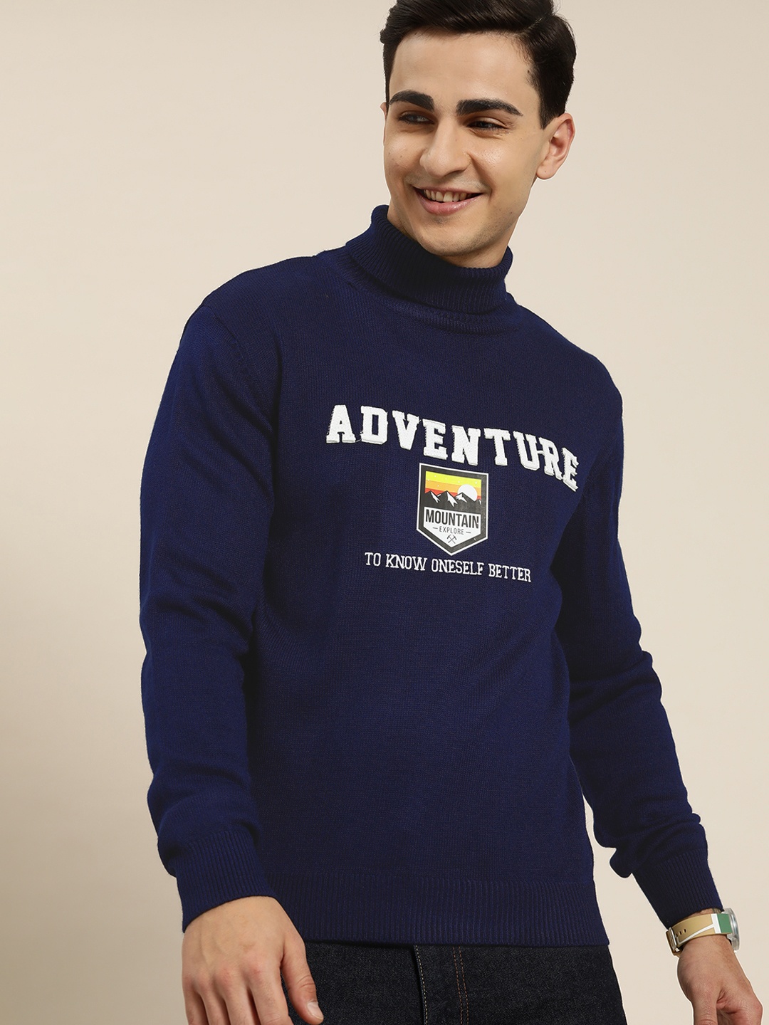 

HERE&NOW Men Acrylic Typography Printed Pullover, Navy blue