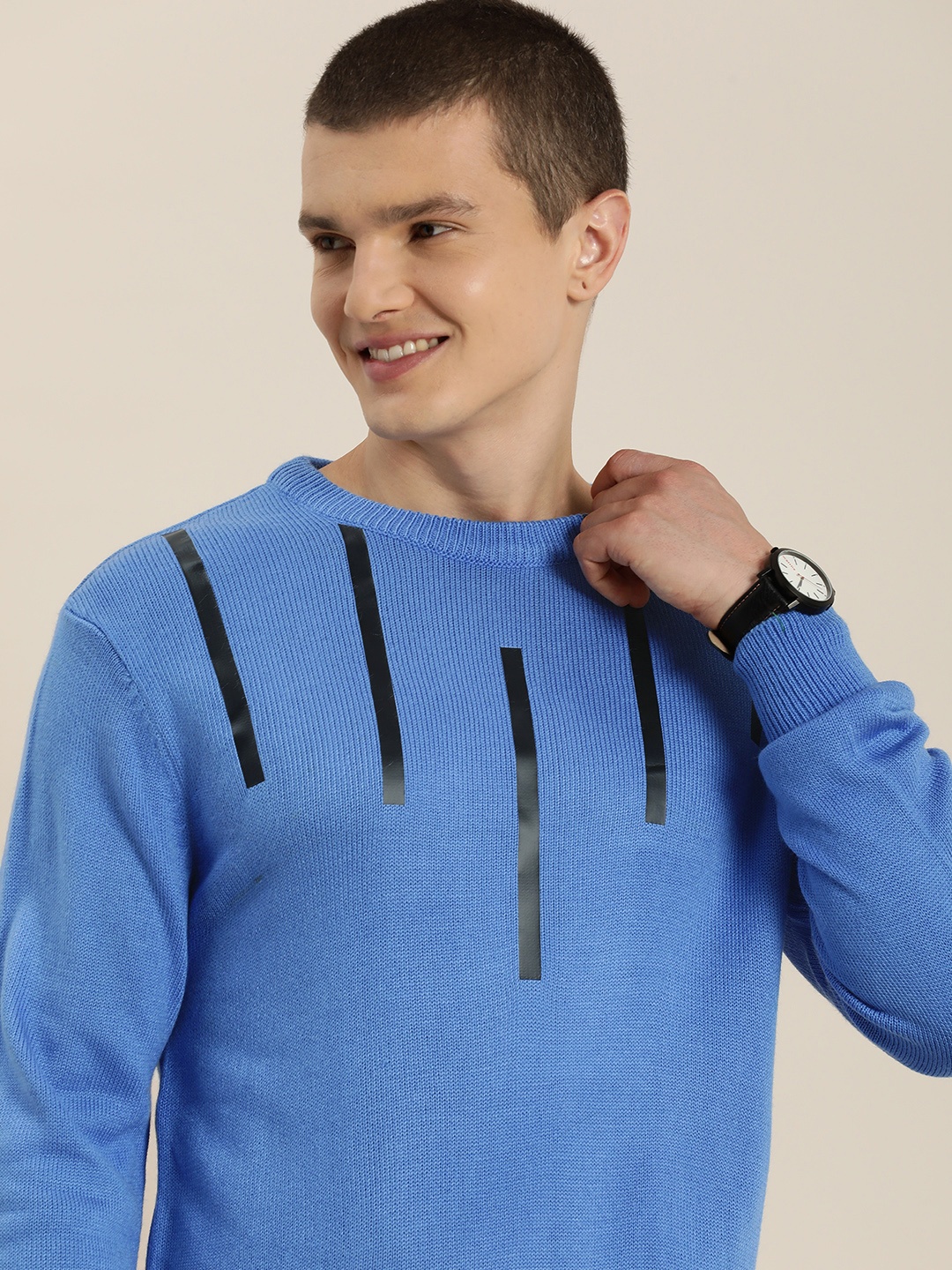 

HERE&NOW Round Neck Long Sleeves Striped Acrylic Pullover, Blue