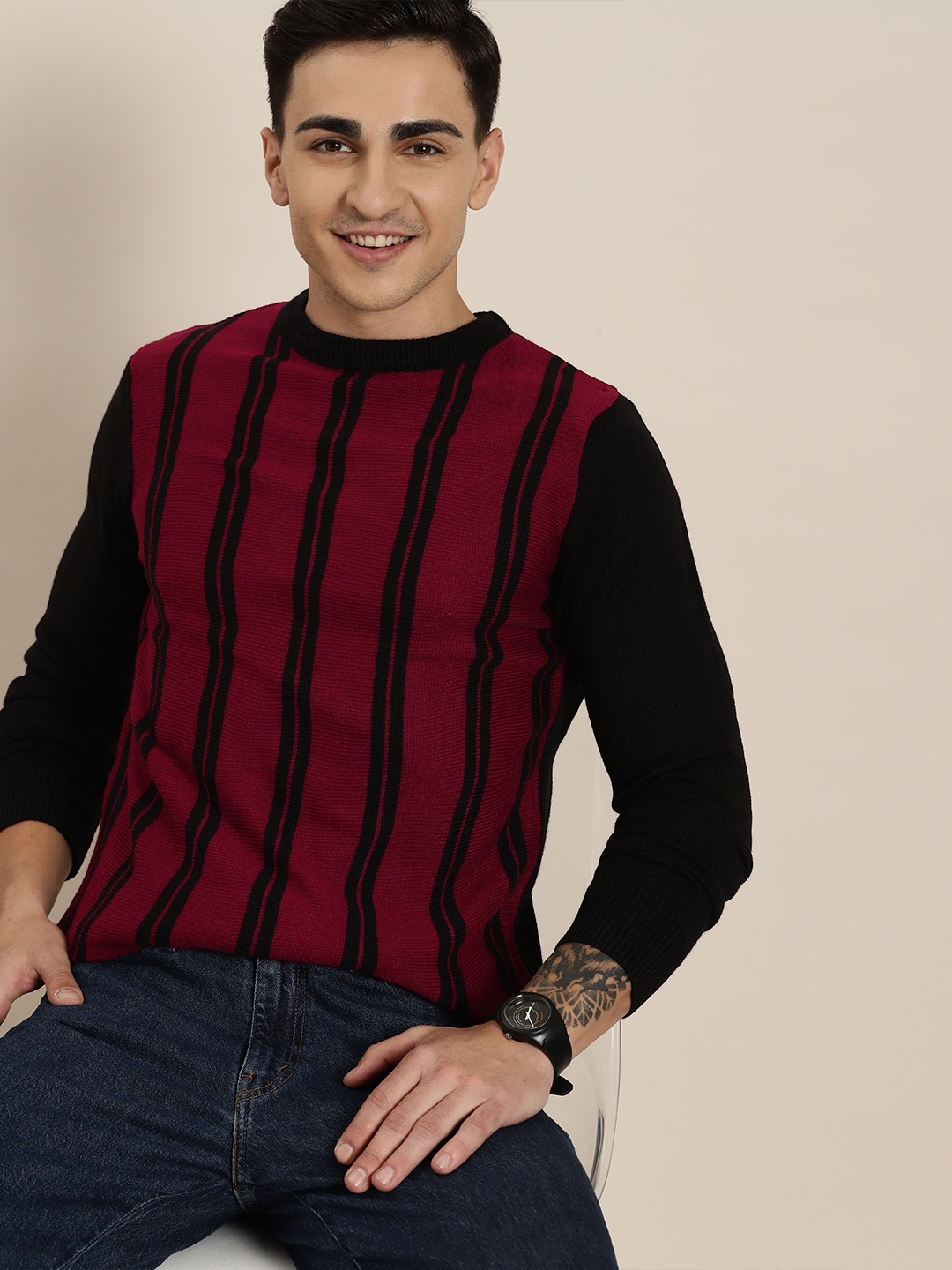 

HERE&NOW Striped Pullover, Maroon