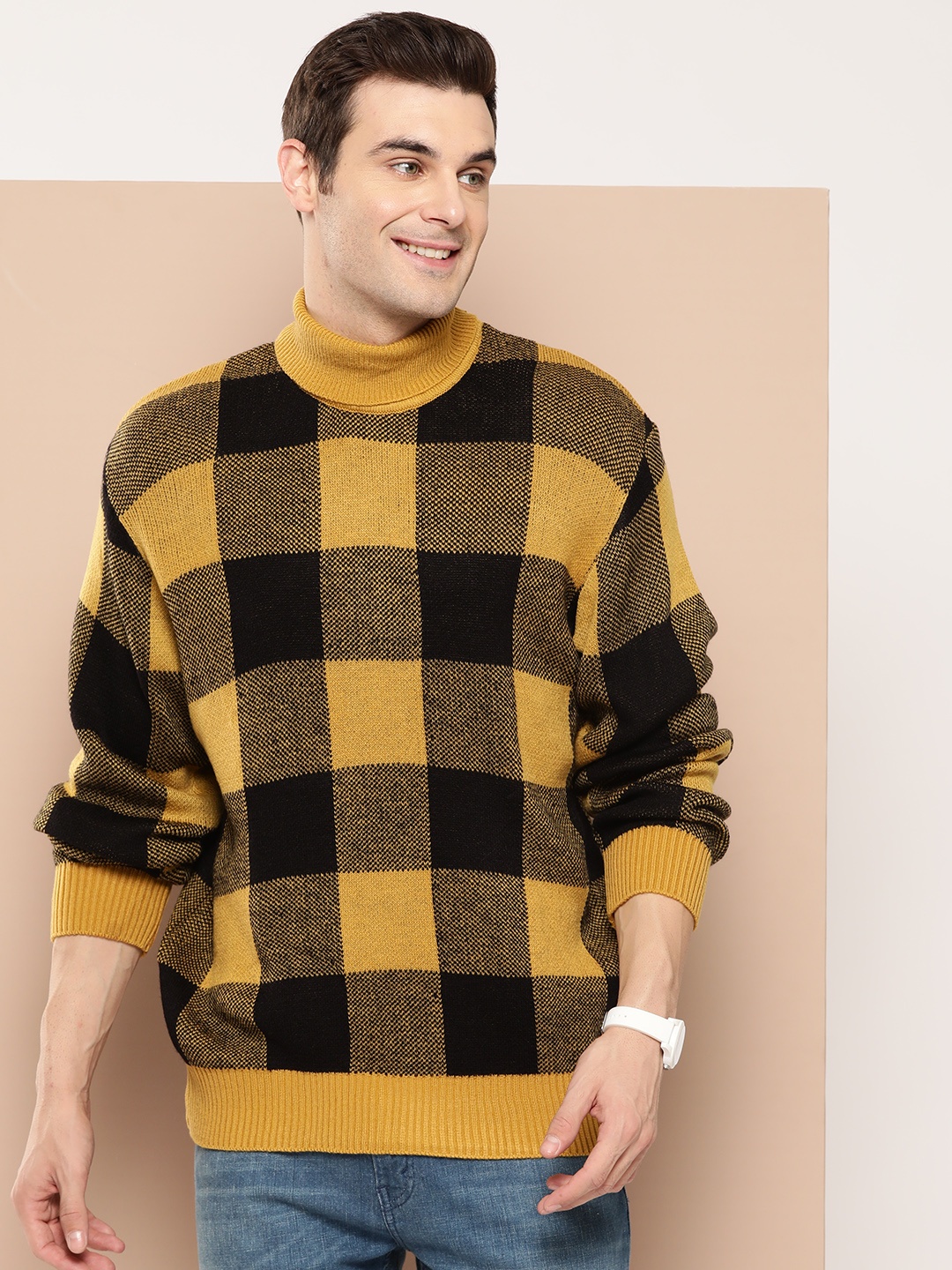 

HERE&NOW Pure Acrylic Checked Pullover, Mustard