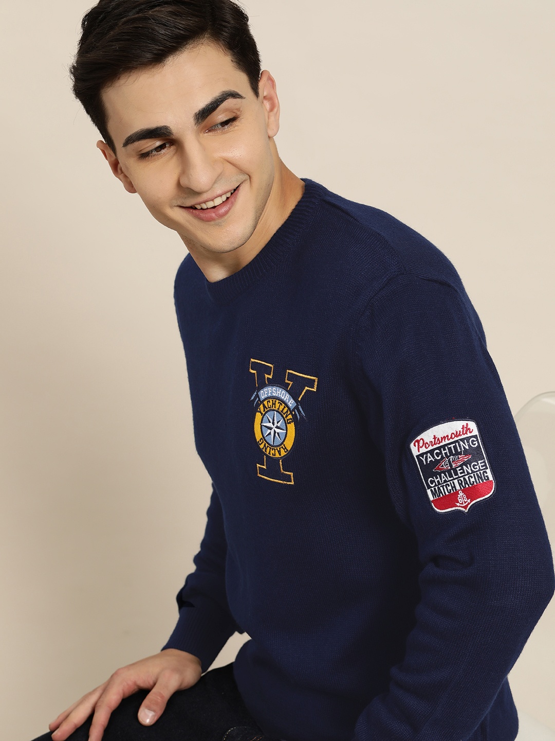 

HERE&NOW Acrylic Pullover with Applique Detail, Navy blue