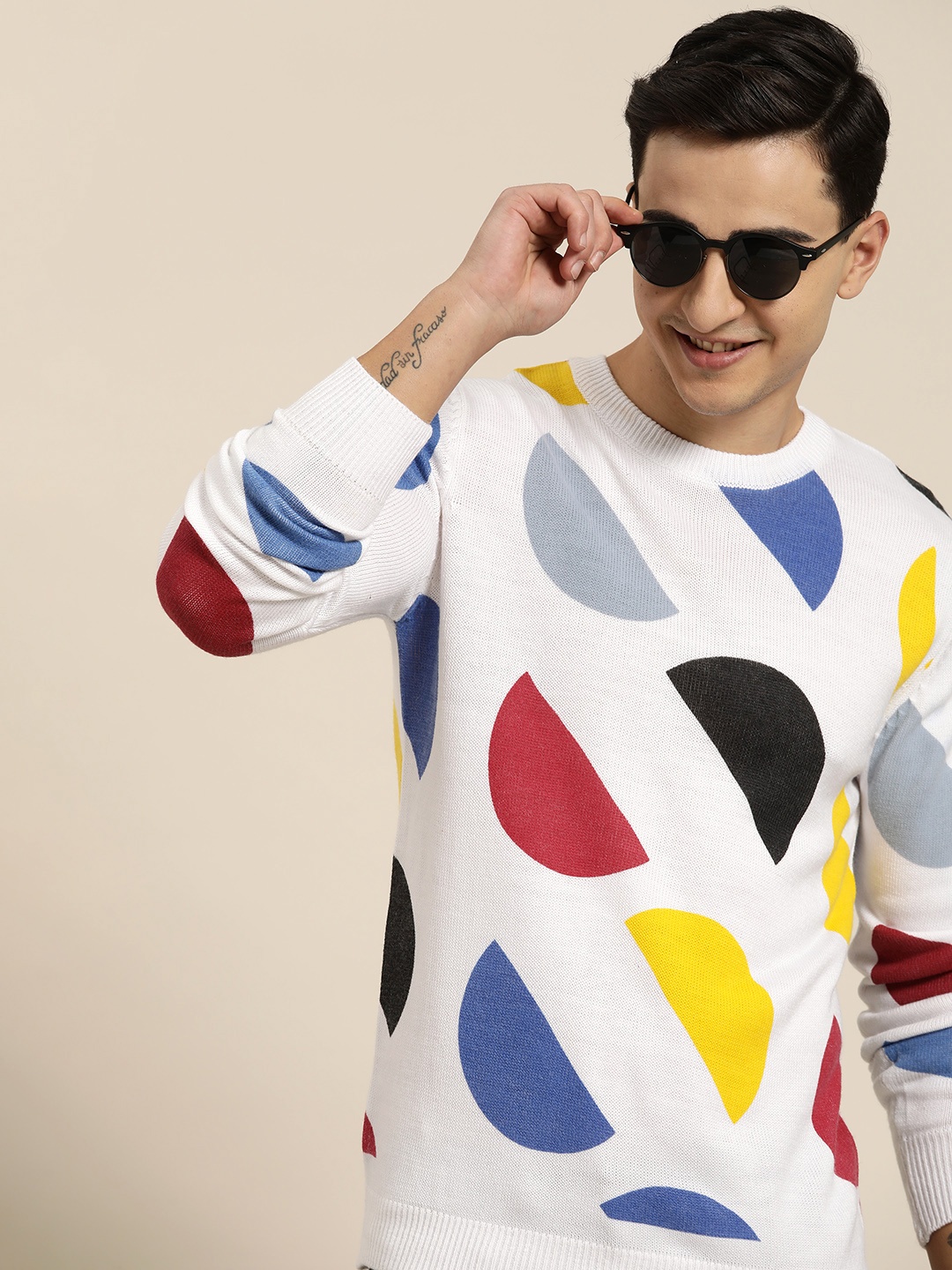 

HERE&NOW Men Acrylic Geometric Pullover, White