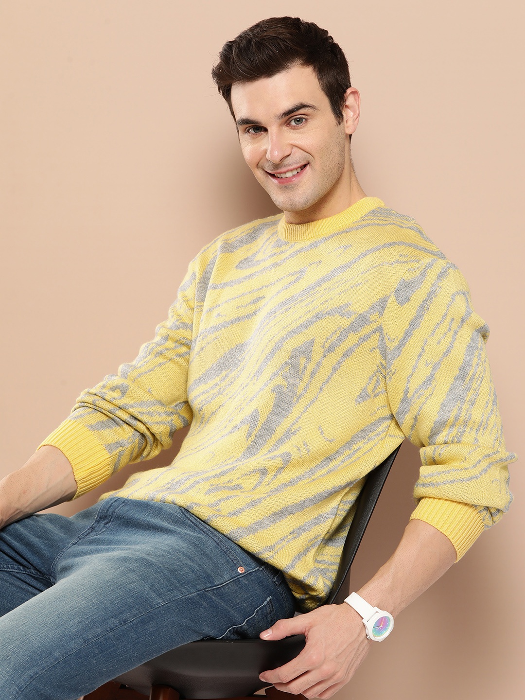 

HERE&NOW Pure Acrylic Self-Design Pullover, Yellow
