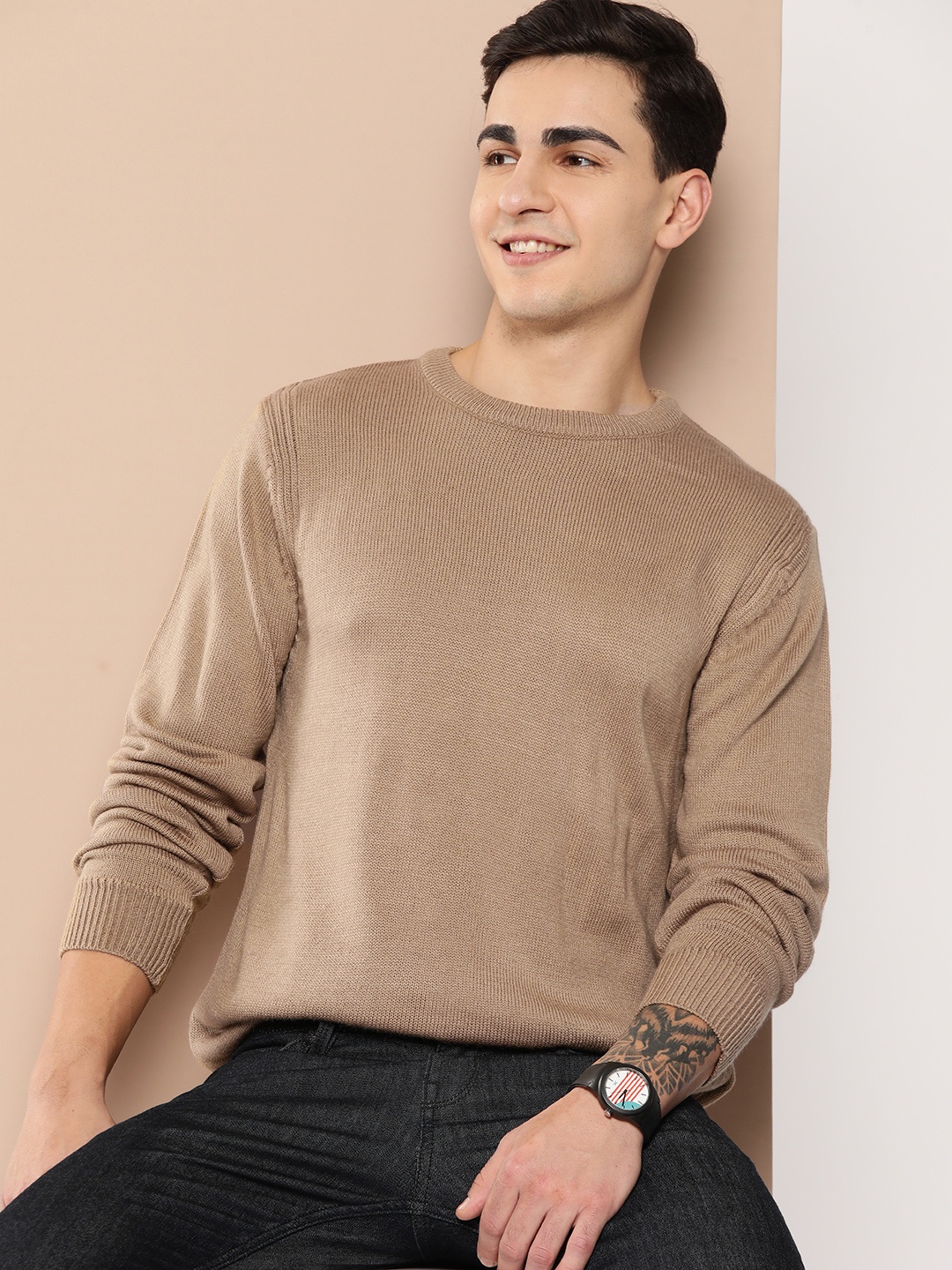 

HERE&NOW Men Solid Pullover, Brown