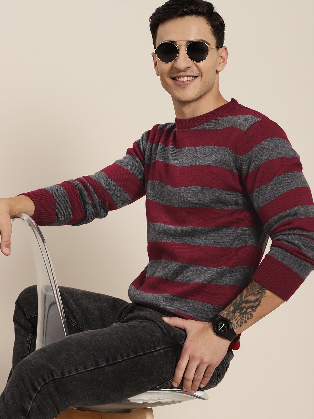 

HERE&NOW Striped Pullover, Maroon