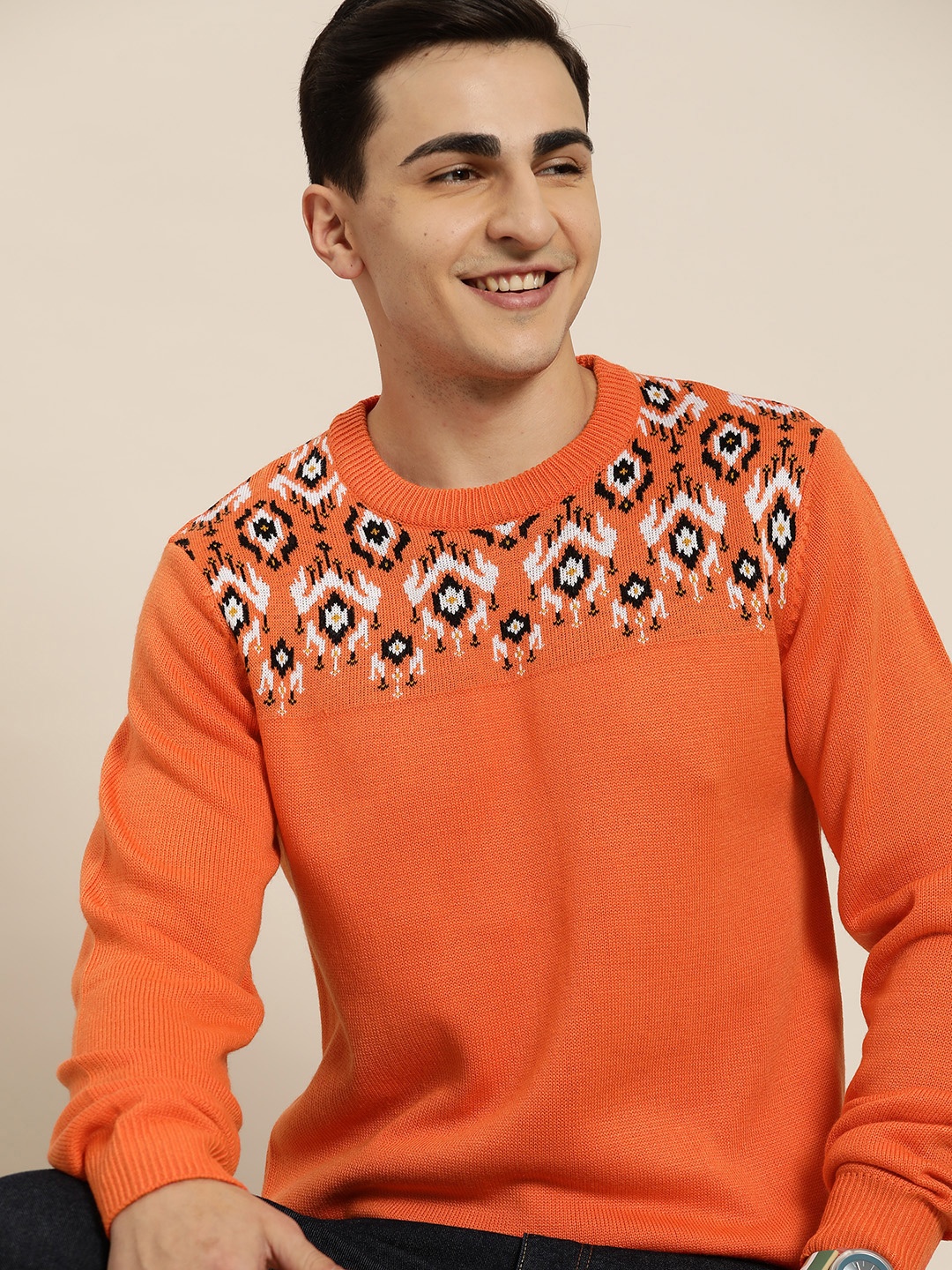 

HERE&NOW Acrylic Geometric Pullover, Orange