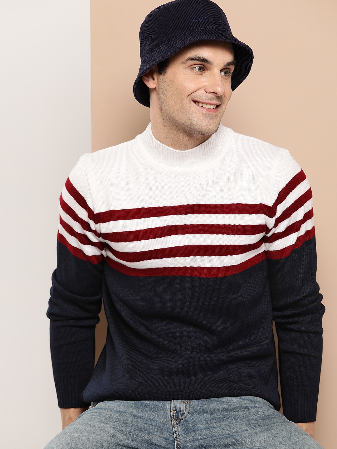 

HERE&NOW Pure Acrylic Colourblocked Pullover, Navy blue
