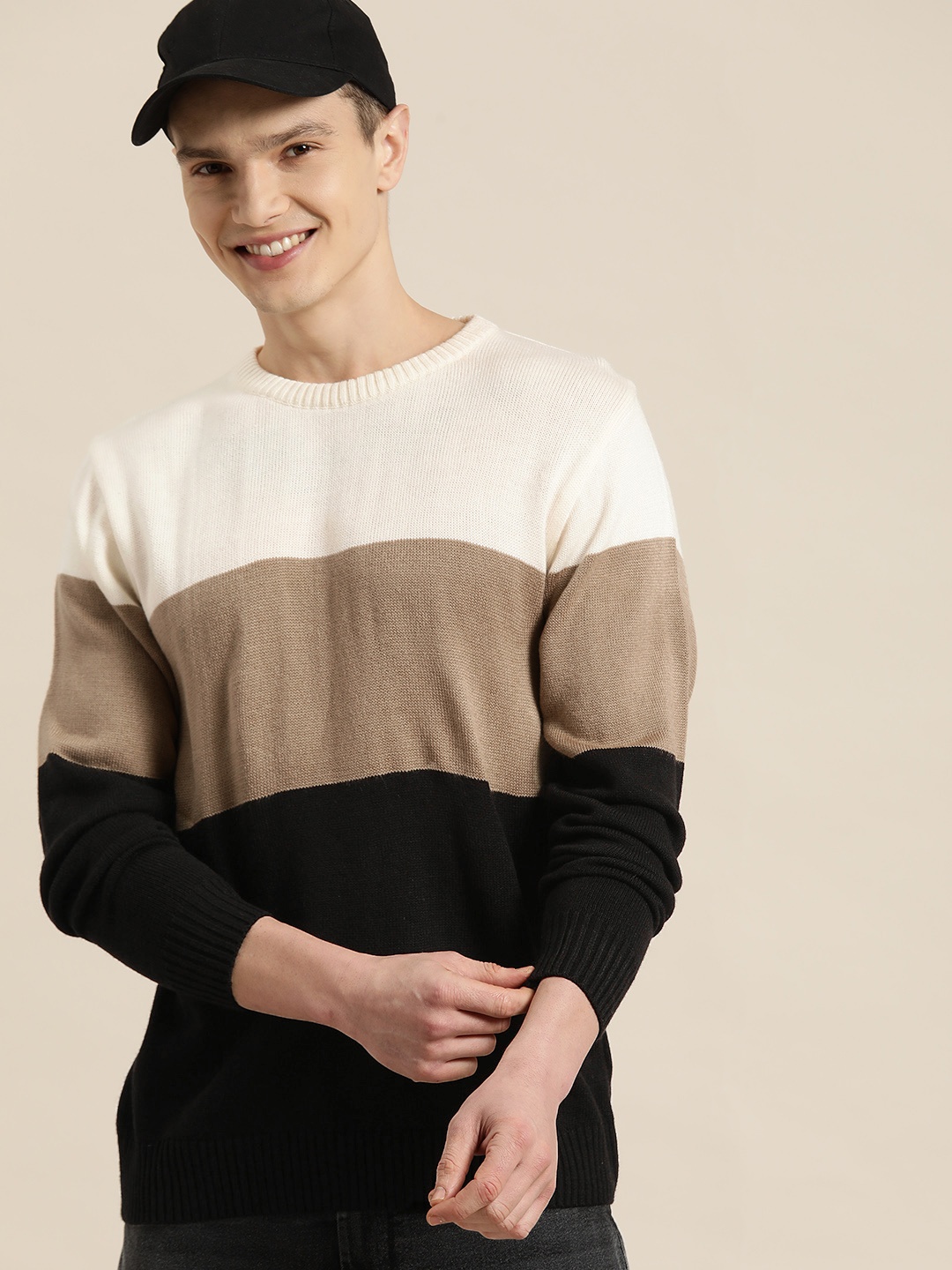 

HERE&NOW Men Colourblocked Acrylic Pullover, Black