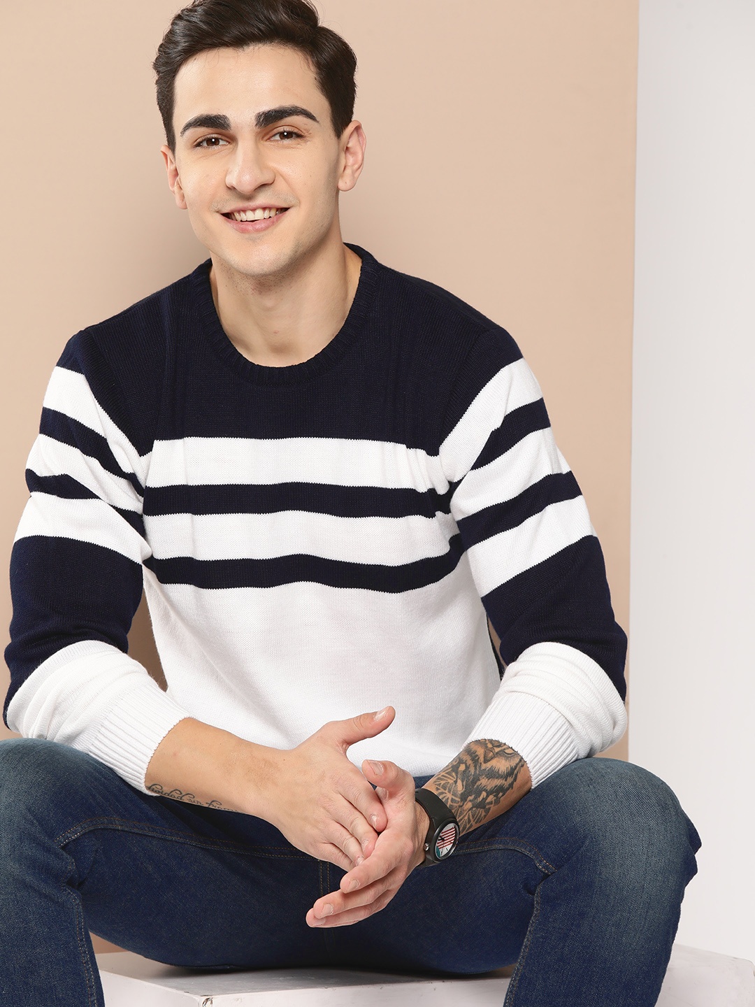 

HERE&NOW Men Striped Pullover, Navy blue