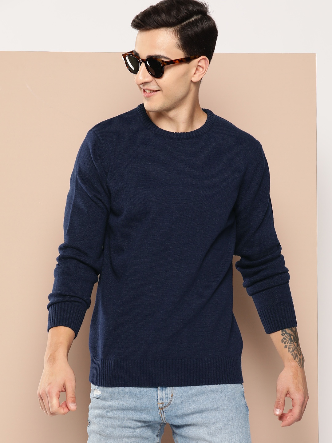 

HERE&NOW Round Neck Acrylic Pullover, Navy blue
