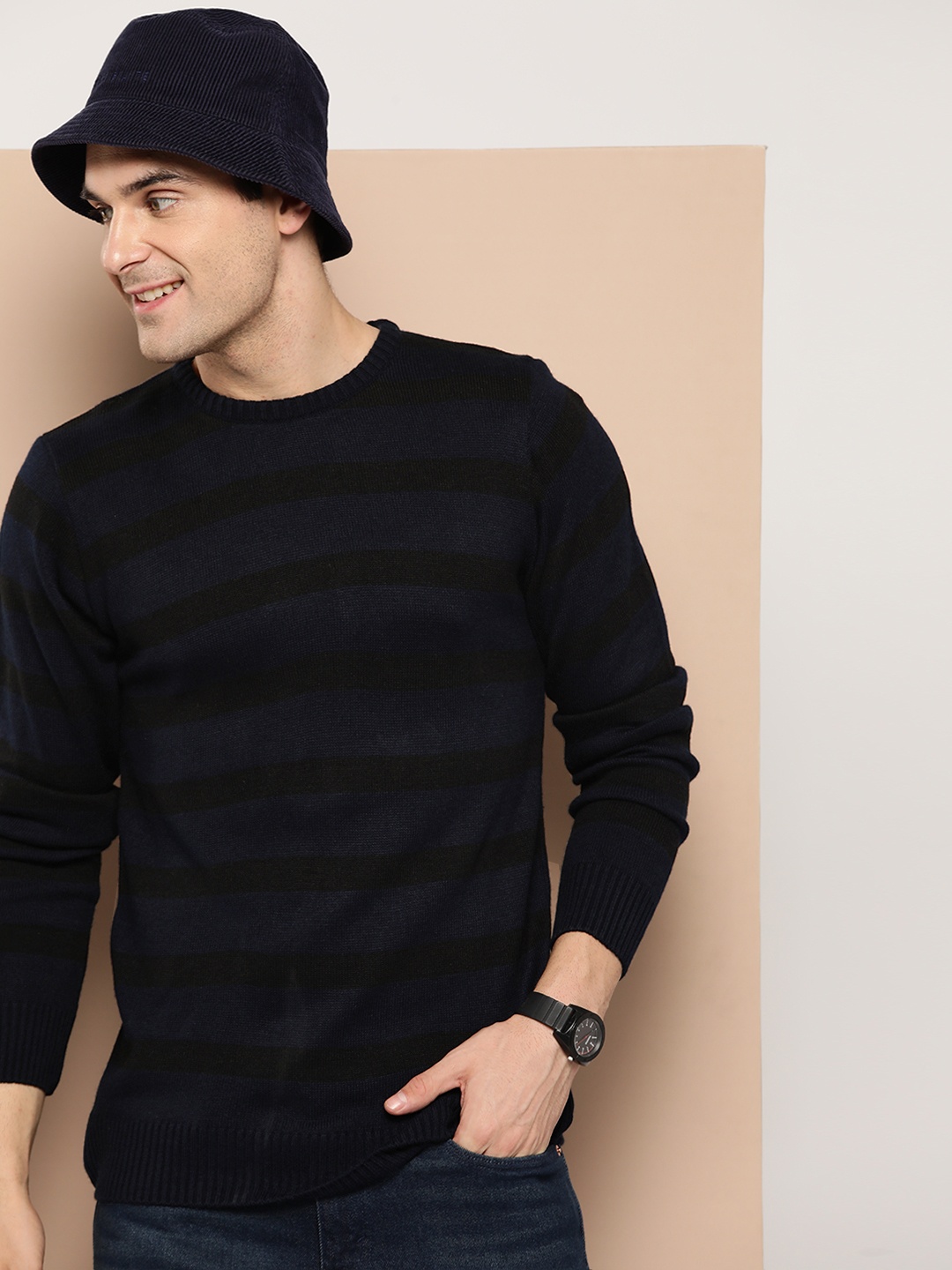 

HERE&NOW Pure Acrylic Striped Pullover, Navy blue