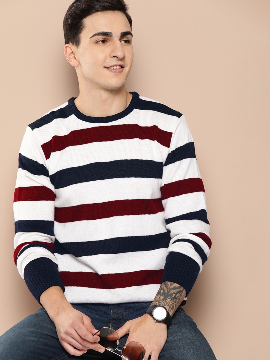 

HERE&NOW Men Striped Acrylic Pullover, White