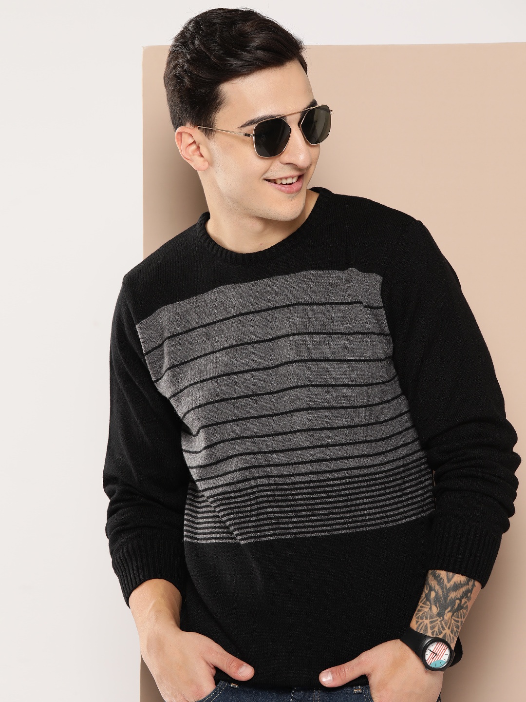 

HERE&NOW Men Striped Acrylic Pullover, Black