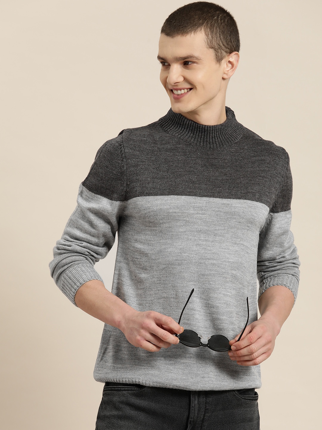 

HERE&NOW Men Colourblocked Acrylic Pullover, Grey