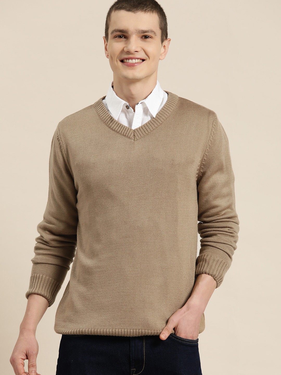 

HERE&NOW Men Acrylic Pullover, Beige
