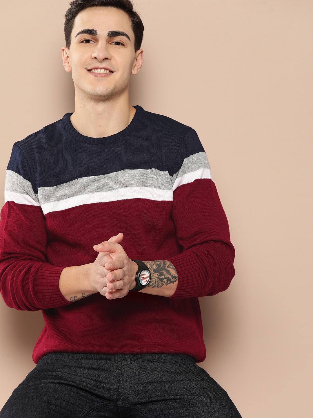 

HERE&NOW Men Striped Acrylic Pullover, Maroon