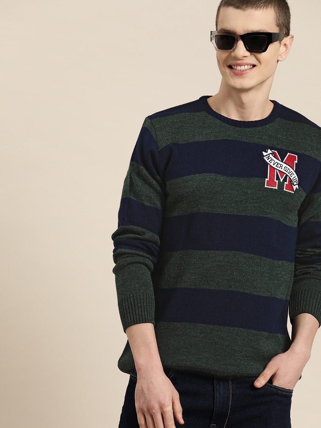 

HERE&NOW Men Striped Acrylic Pullover, Green