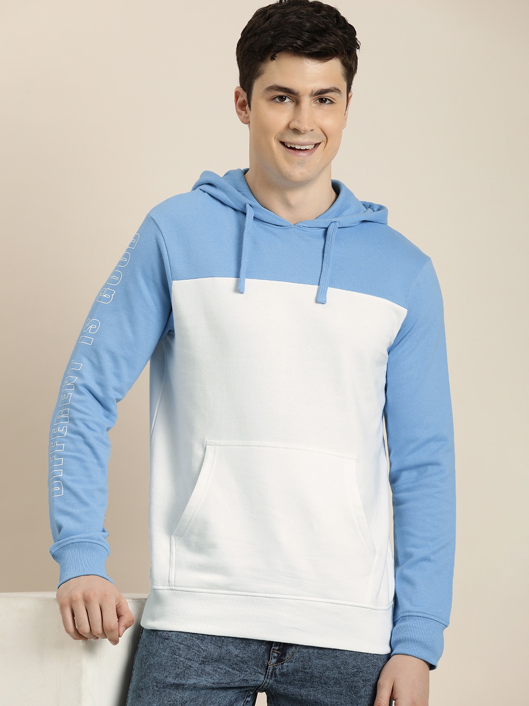 

HERE&NOW Pure Cotton Colourblocked Hooded Sweatshirt, Blue