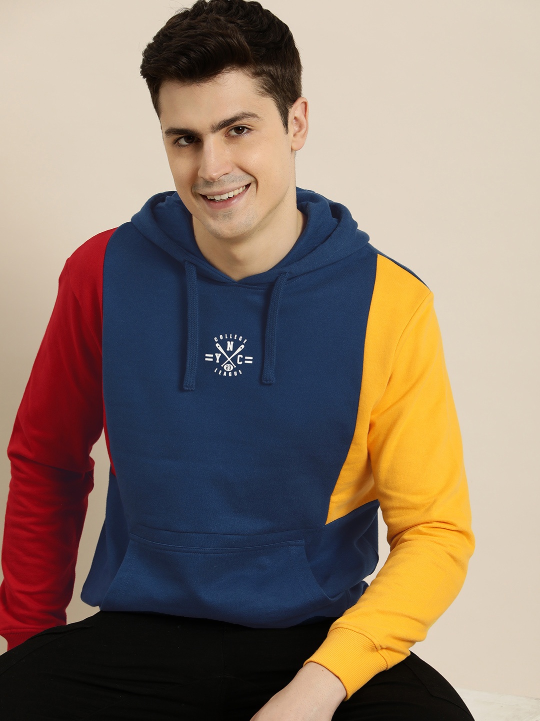 

HERE&NOW Colourblocked And Printed Hooded Pure Cotton Pullover Sweatshirt, Blue
