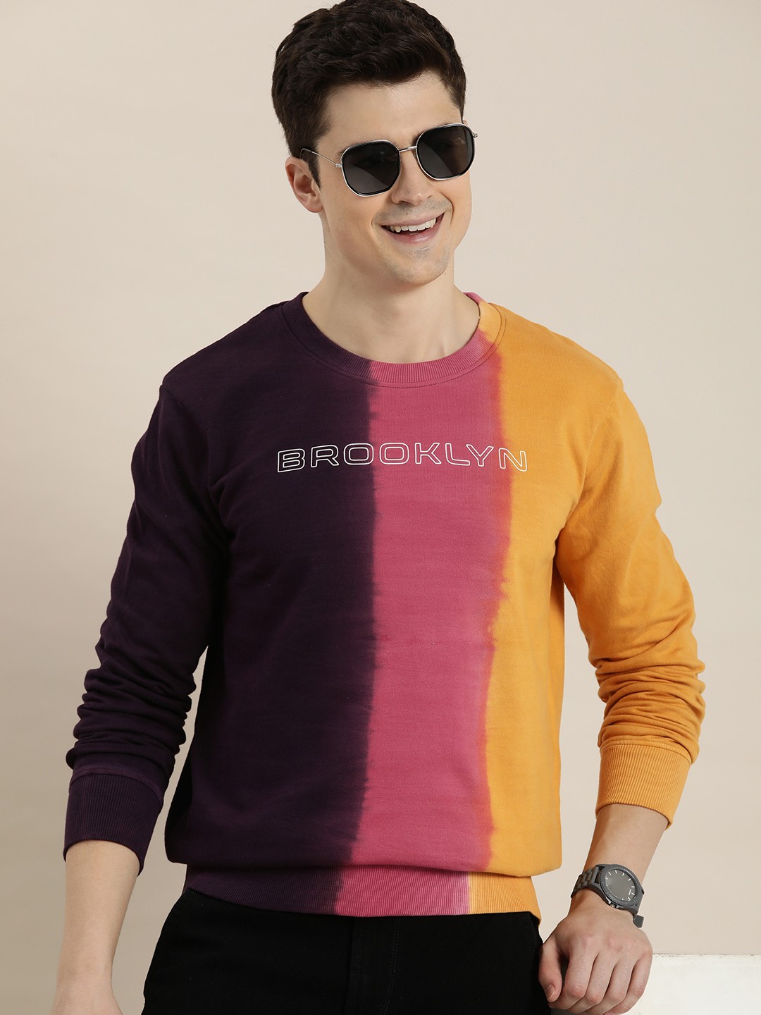 

HERE&NOW Colourblocked And Printed Pure Cotton Sweatshirt, Mustard