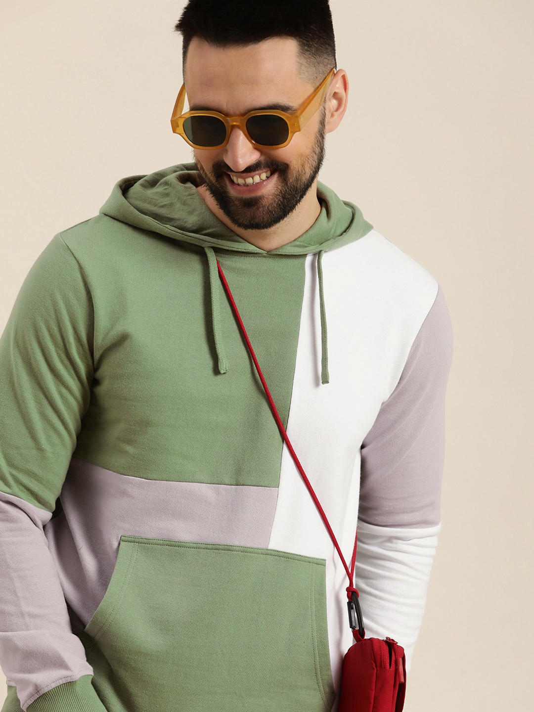 

HERE&NOW Pure Cotton Colourblocked Hooded Sweatshirt, Green