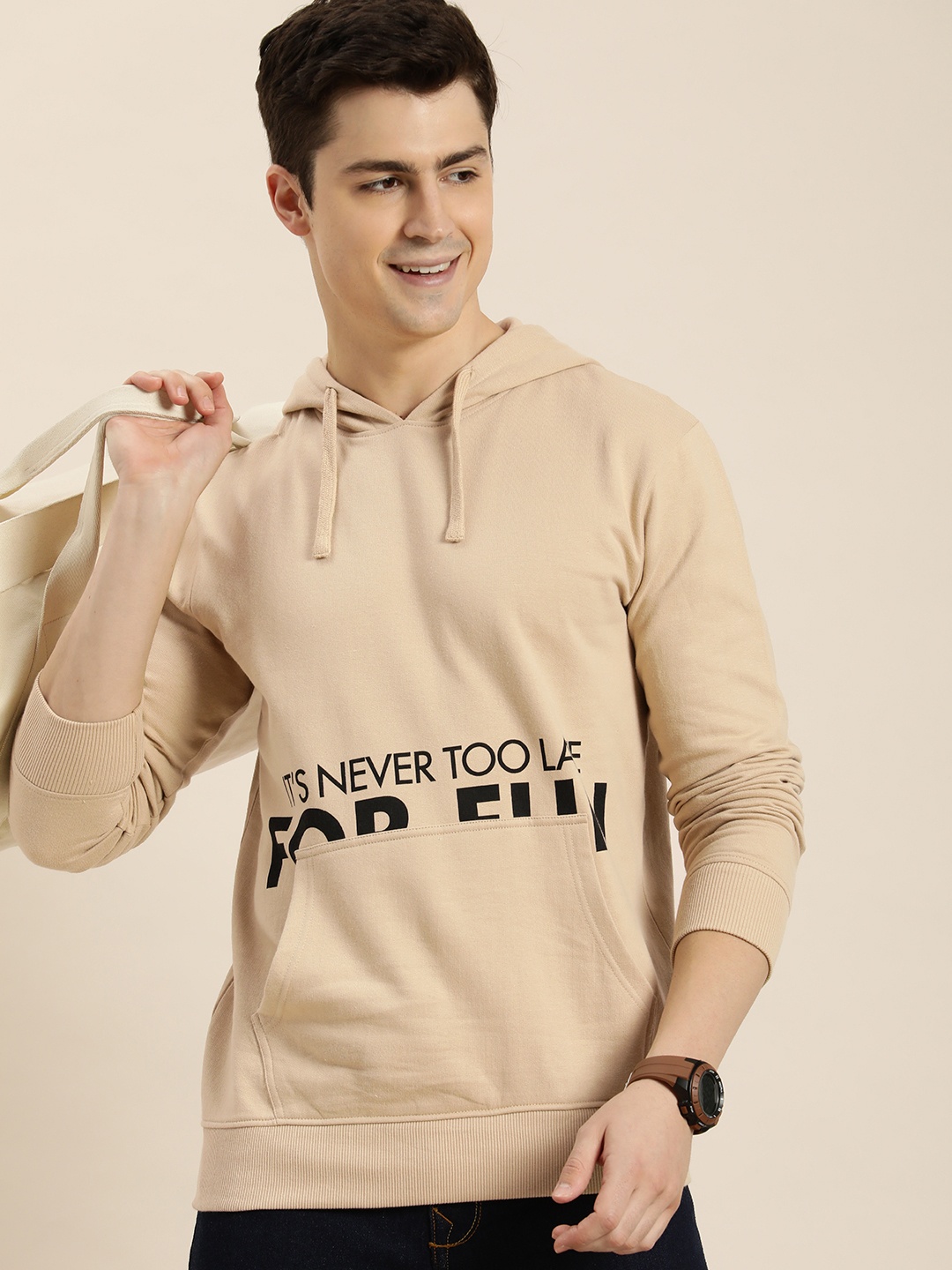 

HERE&NOW Men Pure Cotton Typography Printed Hooded Sweatshirt, Beige