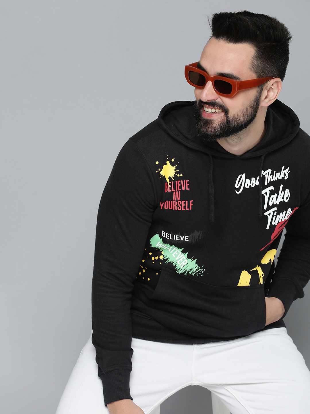 

HERE&NOW Men Pure Cotton Printed Hooded Sweatshirt, Black