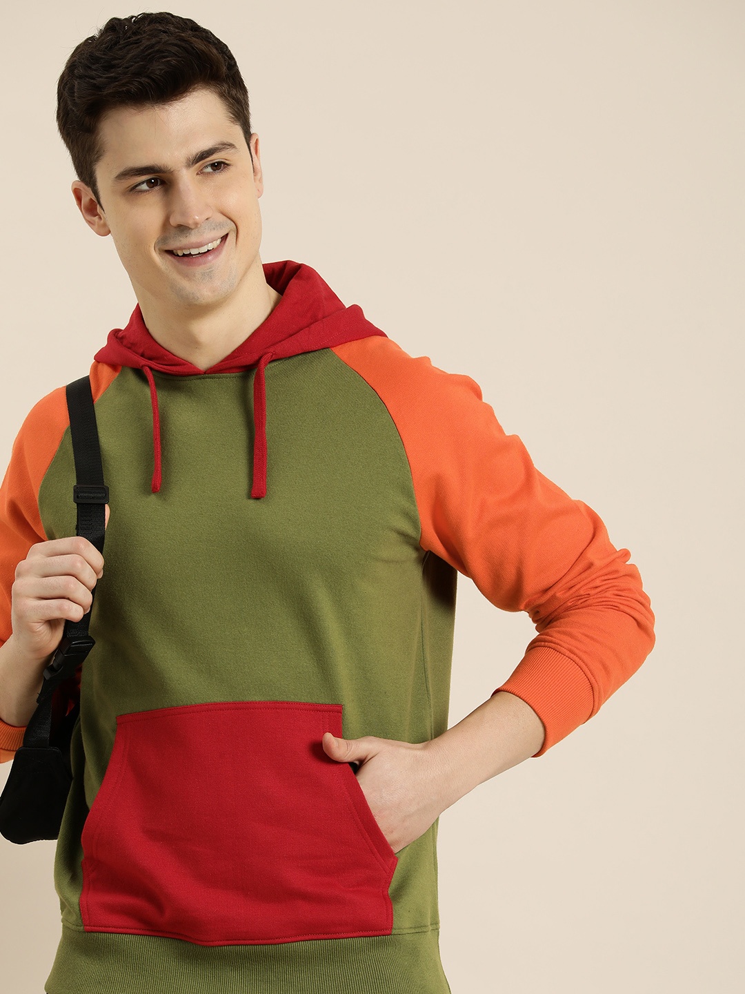 

HERE&NOW Colourblocked Hooded Pure Cotton Pullover Sweatshirt, Olive