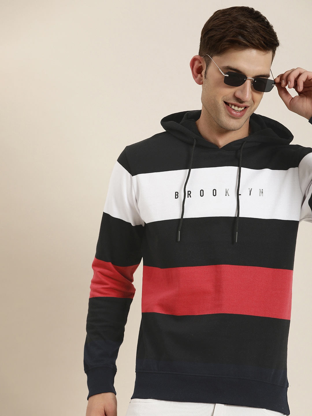 

HERE&NOW Colourblocked Full Sleeves Hooded Sweatshirt, Black