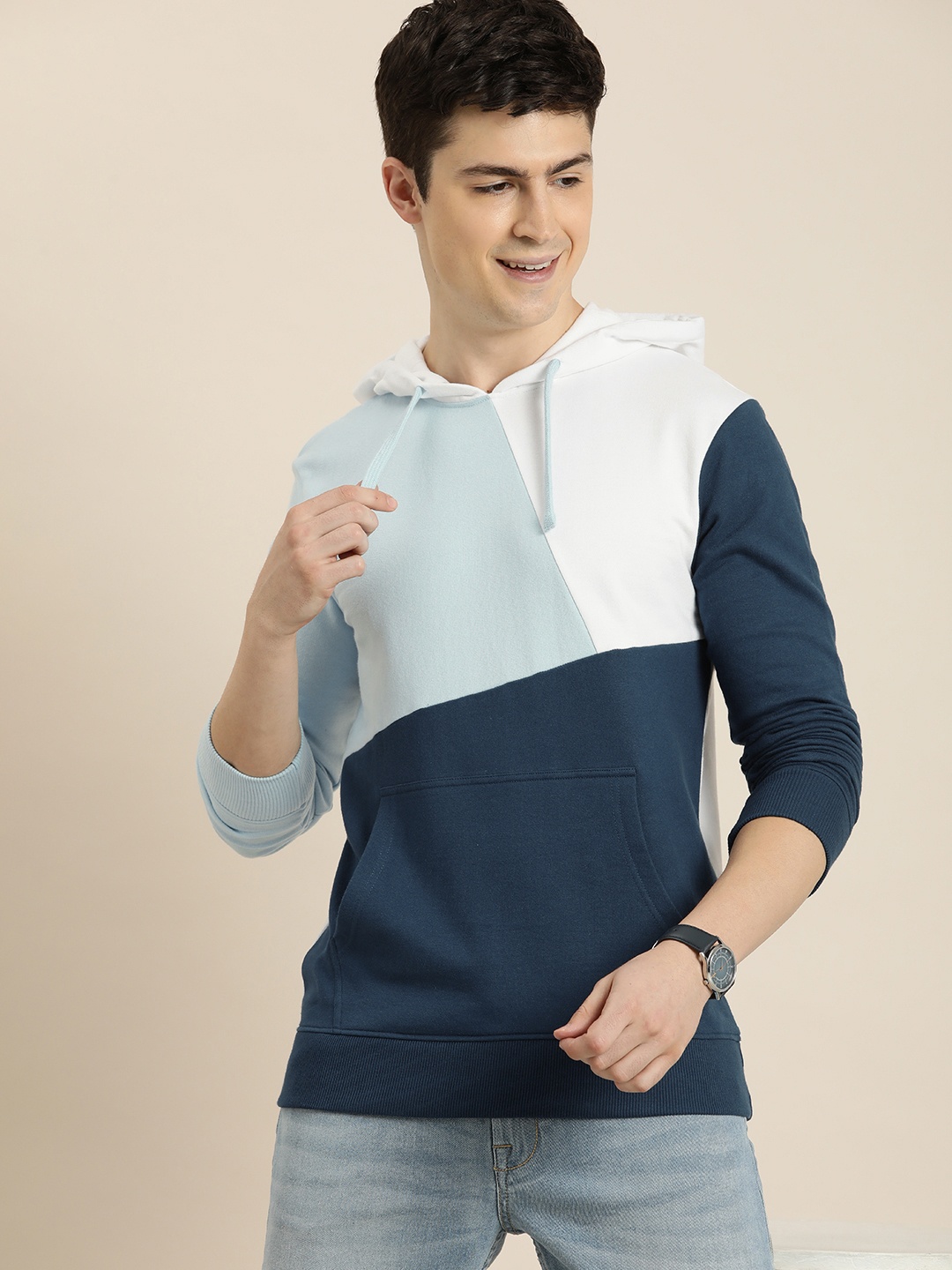 

HERE&NOW Pure Cotton Colourblocked Hooded Sweatshirt, Blue