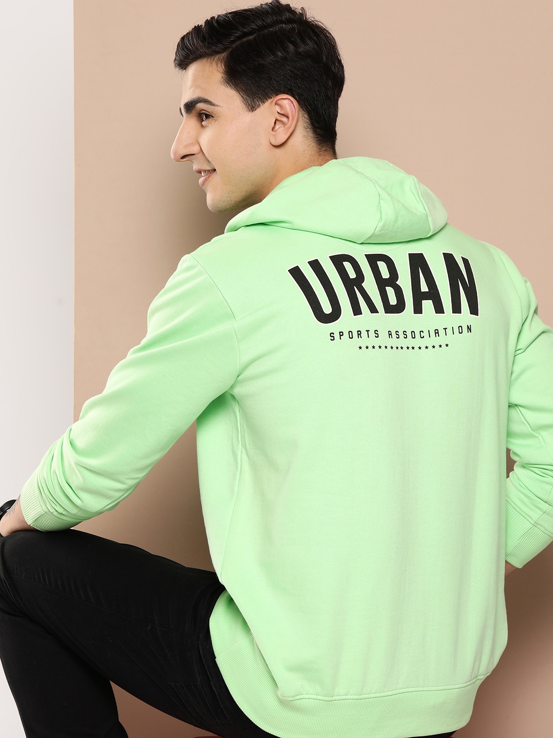 

HERE&NOW Men Printed Hooded Sweatshirt, Fluorescent green