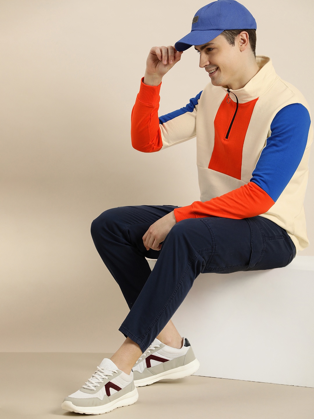 

HERE&NOW Colourblocked High-Neck Pure Cotton Pullover Sweatshirt, Cream