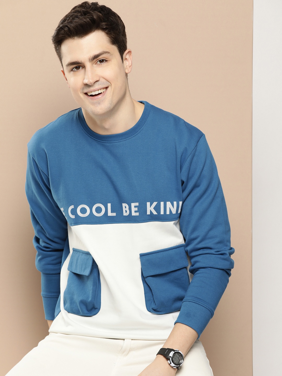 

HERE&NOW Colourblocked Round Neck Pullover Sweatshirt, Blue