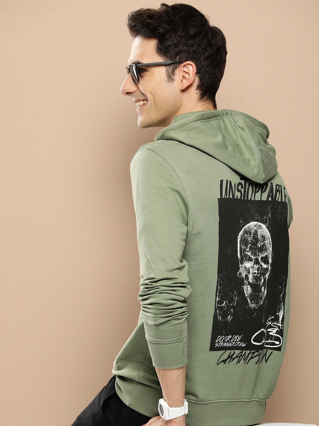 

HERE&NOW Graphic Printed Pure Cotton Hooded Sweatshirt, Olive