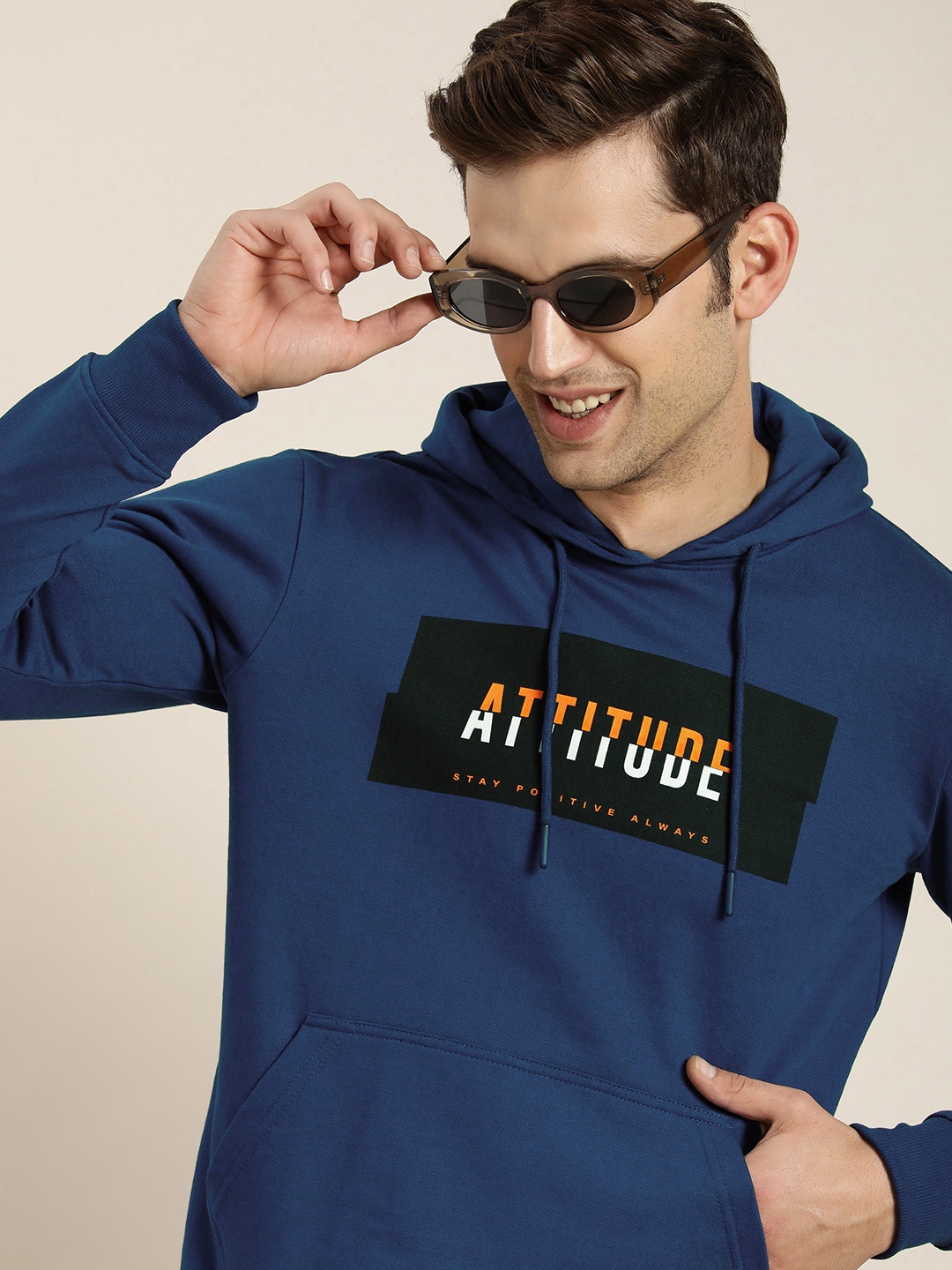 

HERE&NOW Full Sleeves Typography Printed Hooded Sweatshirt, Navy blue