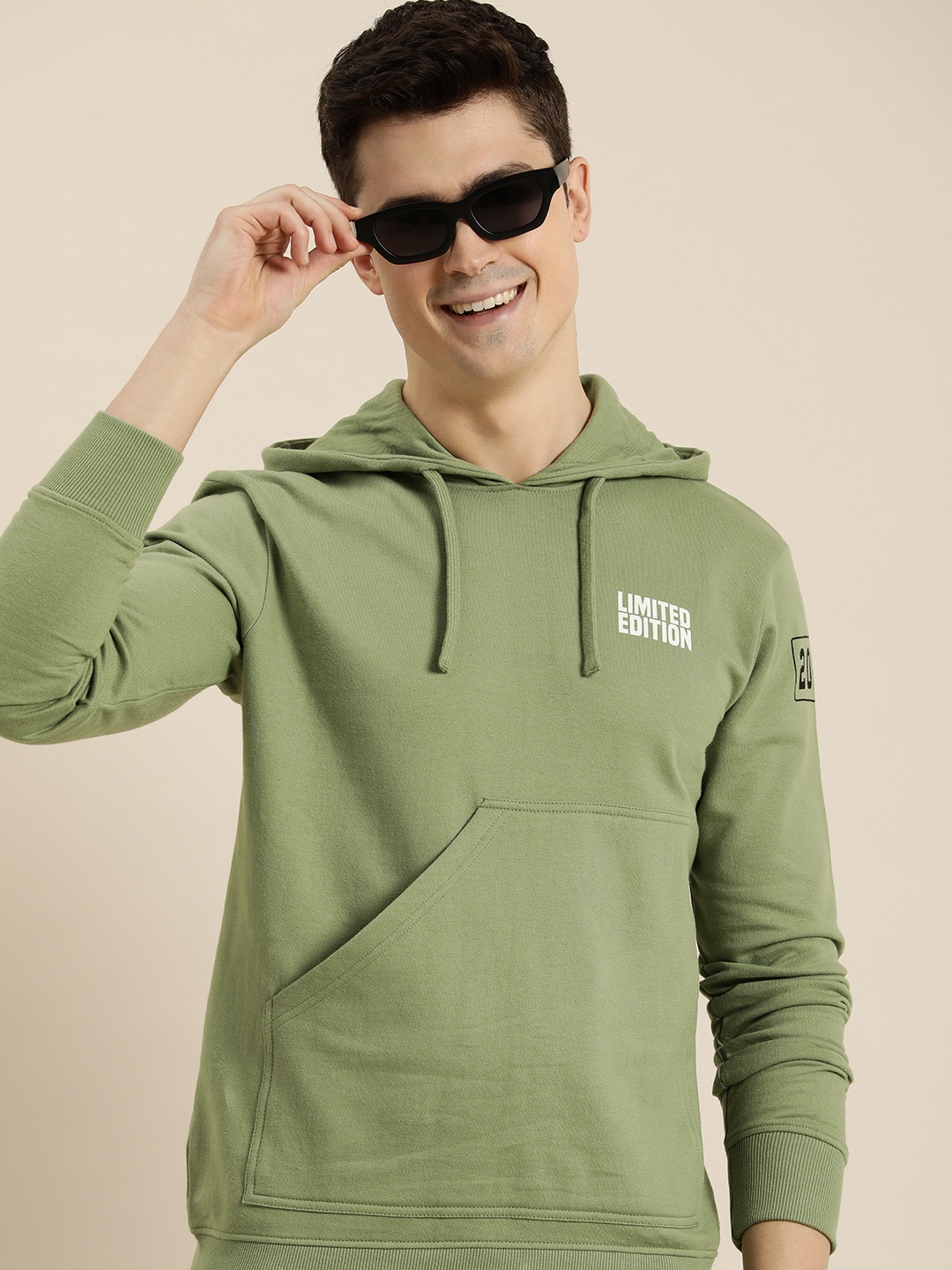 

HERE&NOW Printed Hooded Pure Cotton Pullover Sweatshirt, Olive