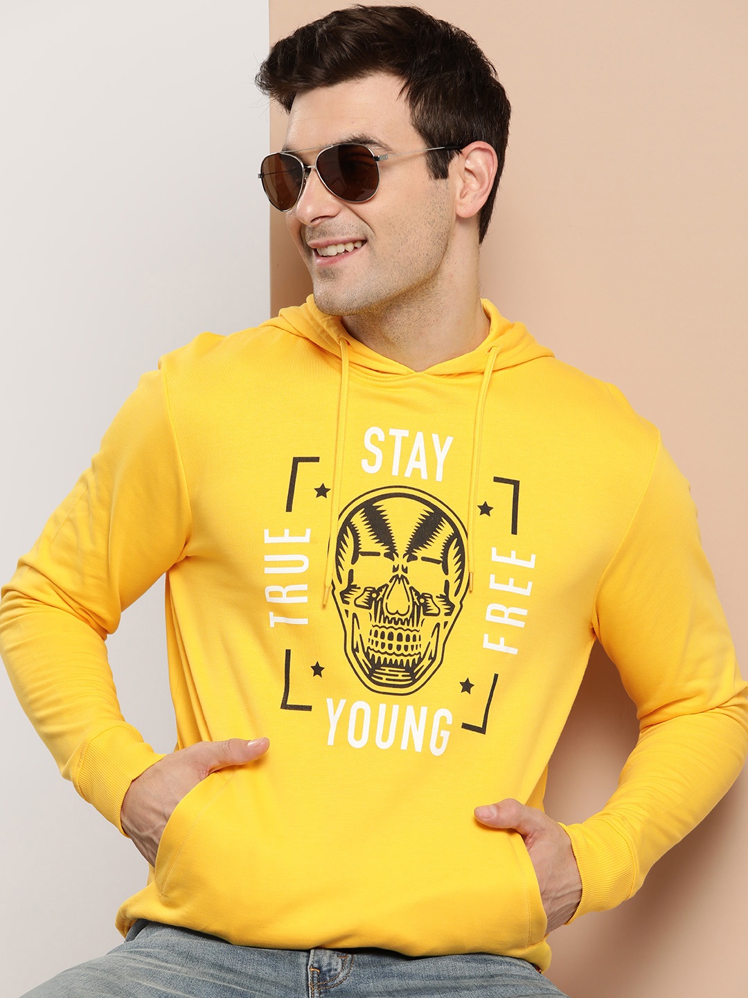 

HERE&NOW Printed Cotton Hooded Sweatshirt, Yellow