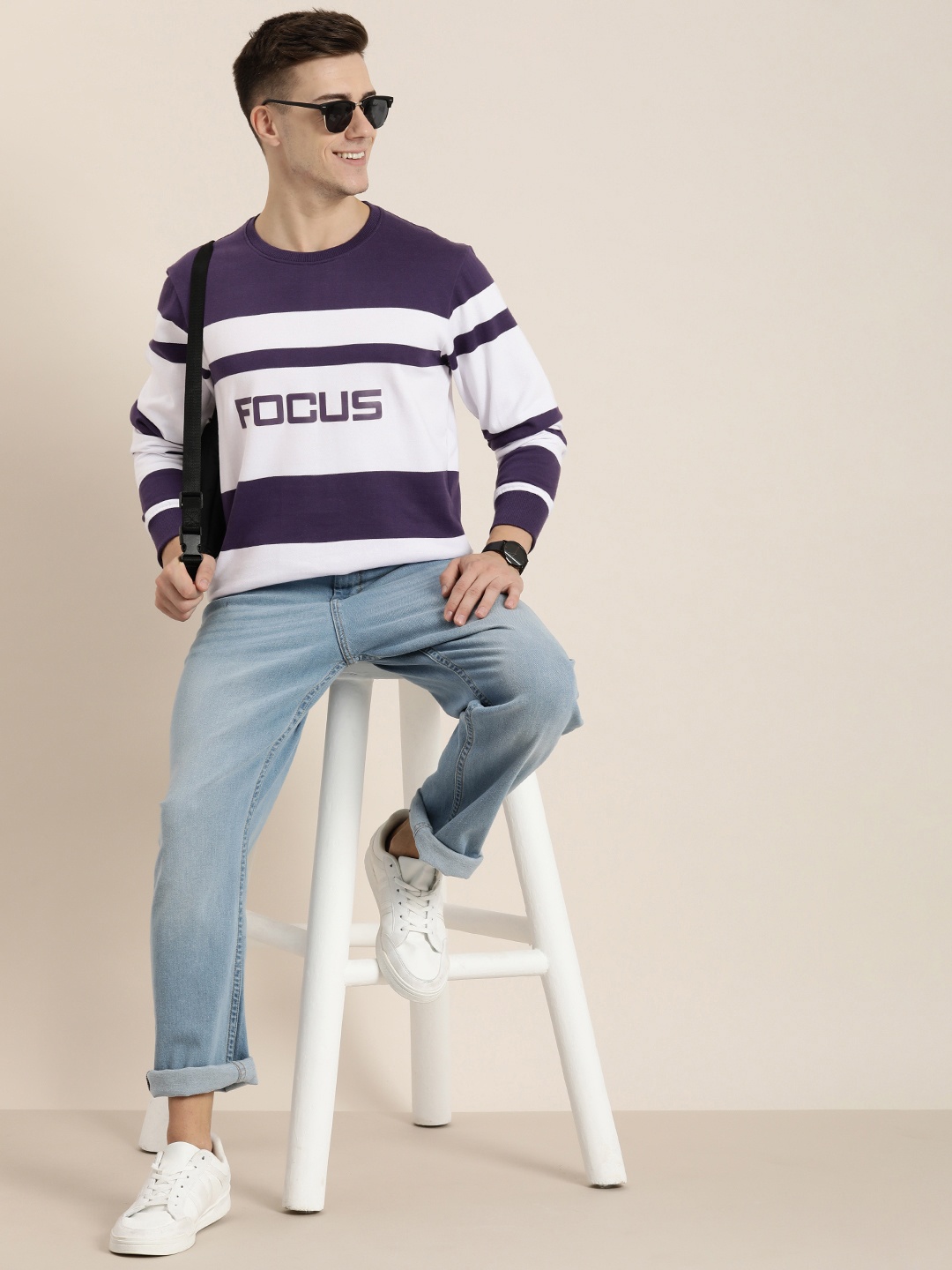 

HERE&NOW Round Neck Typography & Striped Sweatshirt, Purple