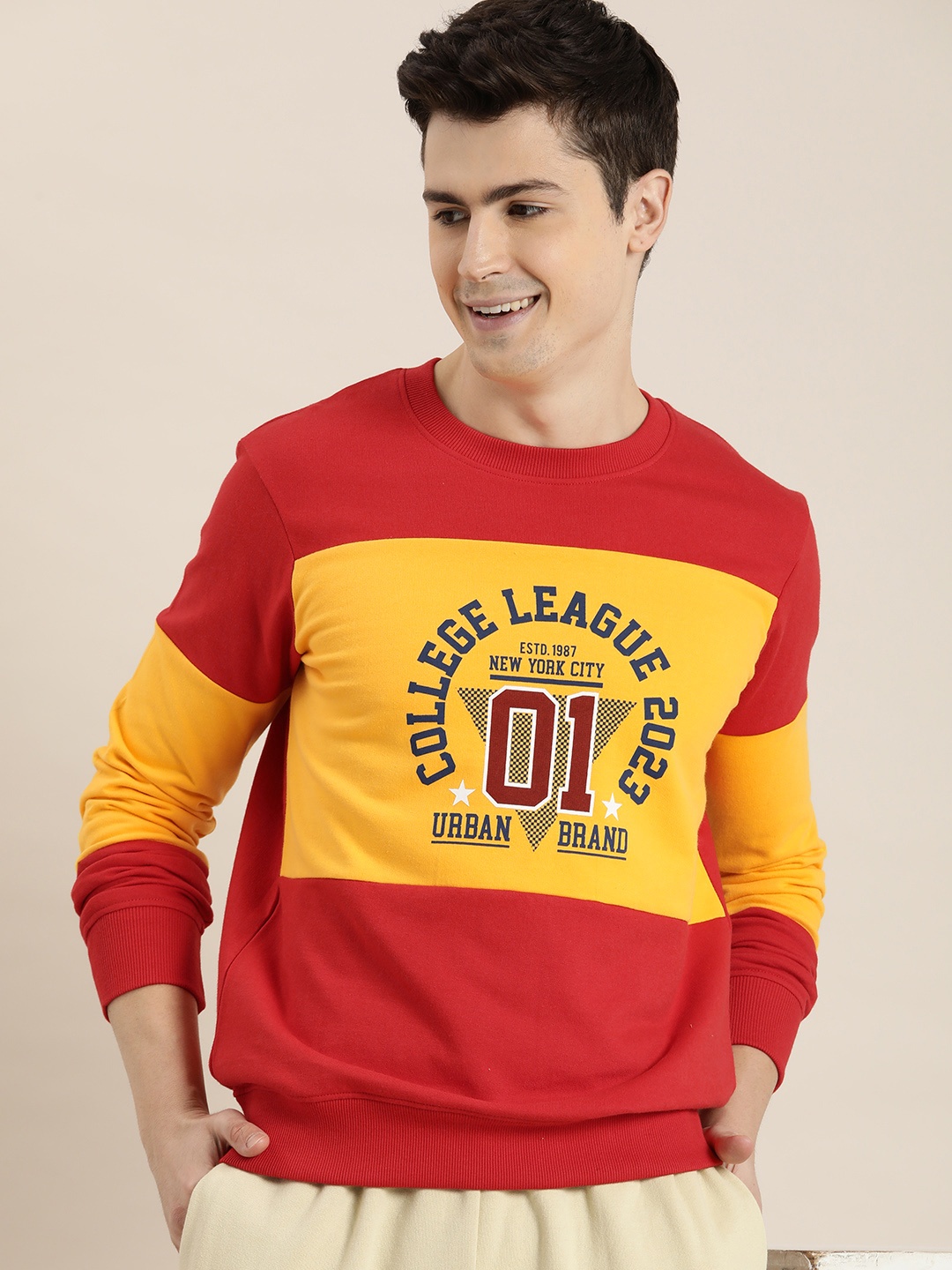 

HERE&NOW Colourblocked And Printed Pure Cotton Sweatshirt, Red